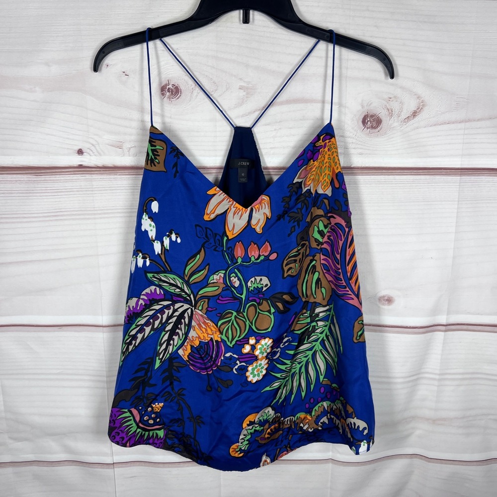 J.Crew Cami Top Women 12 Blue Floral Silk Spaghetti Strap V-Neck Tank Resortwear